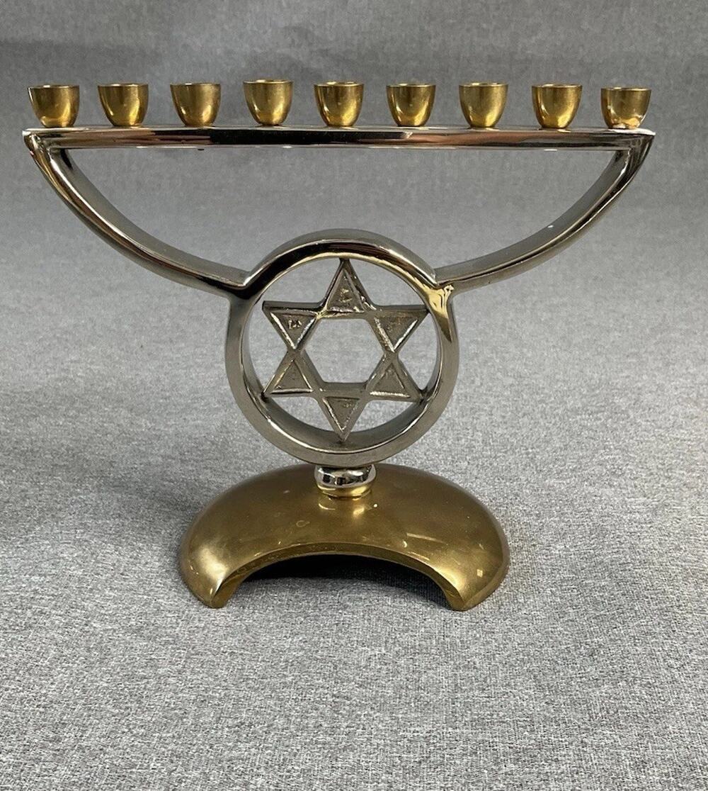 Brass & Silver Menorah Jewish Star of David 9 Candles Hanukkah 6" H x 7" W